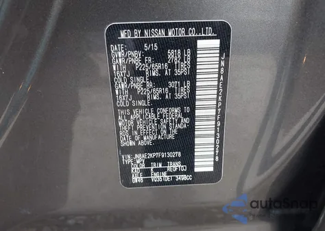 2015 Nissan Quest Platinum/S/Sl/Sv из США, поврежденный, VIN JN8AE2KP7F9130278